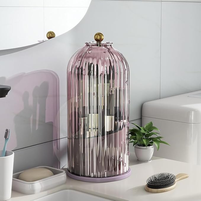 Toothbrush and Toothpaste Holders with Cover, All Pink | Waterproof and Dustproof, 360° Rotating Base, Smooth Sliding Door, 3 Slots, for Bathroom Countertop