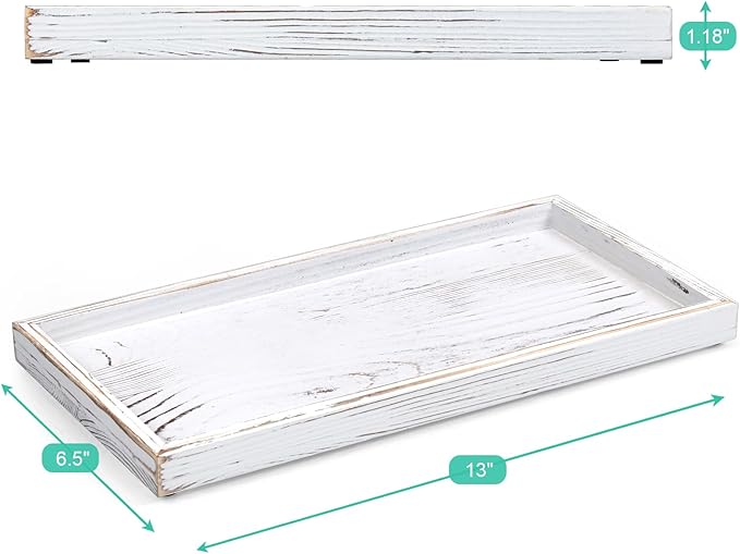 ALELION 13" White Bathroom Vanity Tray for Counter - Wood Decorative Tray for Toilet Tank Makeup Perfume Jewelry Catchall Table - Wooden Kitchen Countertop Organizer for Soap Dispenser
