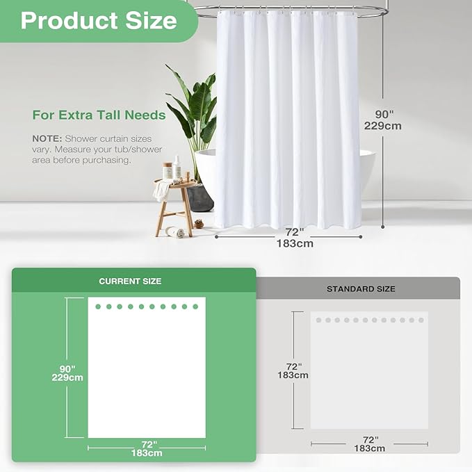 Dynamene Extra Long Fabric Shower Curtain - Waffle Weave 90 Inches Long Heavy Duty Cloth Shower Curtains for Bathroom, 256GSM Tall Hotel Luxury Bath Curtain Set with 12 Plastic Hooks(72Wx90H, White)