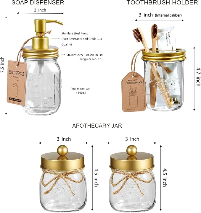 SheeChung 6Pcs Mason Jars Bathroom Accessories Set Complete - Toothbrush Holder, Lotion Soap Dispenser, 2 Mason Jars, Soap Dish, Toilet Paper Basket, Rustic Farmhouse Decor (Gold, 6Pcs Bathroom Set)
