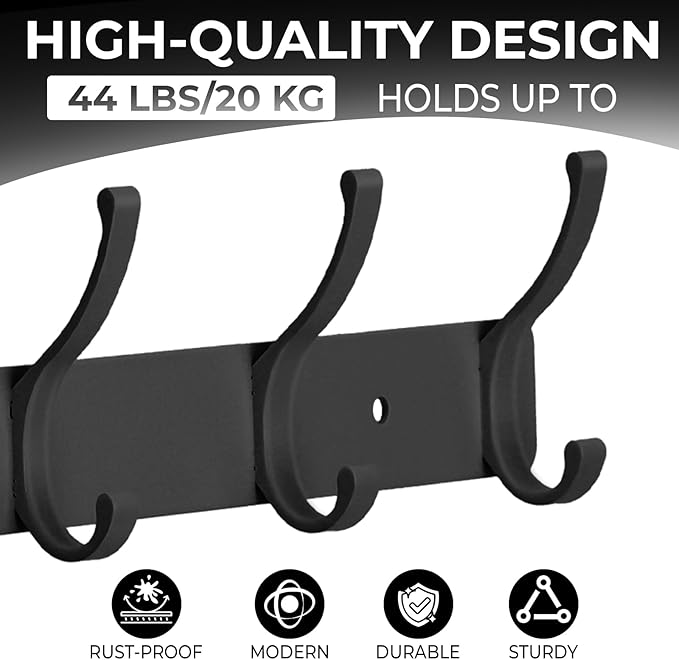Dntorx Coat Rack Wall Mount, 2 Pack Coat Hooks Hanger Wall Double Hook Rack Rail Towel Hat Rack Entryway Bathroom Hanger Organizer for Robes, Clothes, Bags, Hat(Black)