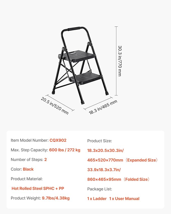 VEVOR 2 Step Ladder, Folding Step Stool with Wide Anti-Slip Pedal and Comfort Handgrip, Lightweight 600 lbs Capacity Portable Steel Ladder, Multi-Use for Kitchen, Home, Household and Office, Black