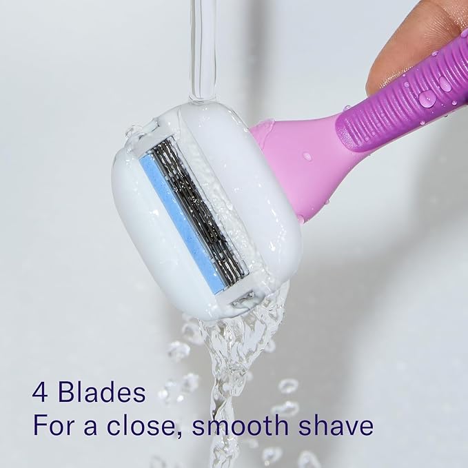 Flamingo Moisture Plus Women's Razor Set - No Shave Gel Needed - Razor Handle, 4 Blade Refills, Shower Holder - Fig