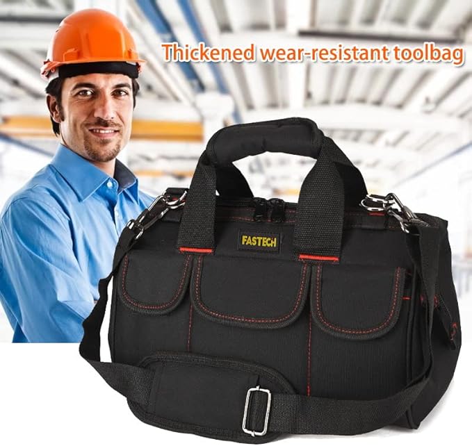 FASTECH 14-inch Heavy Duty Toosl Bag With Wide Mouth for Tool Storage, Carrier and Organizer, Tool Tote Bag For Men, Wide Mouth Tool Bag With Inside Pockets (14 Inch)