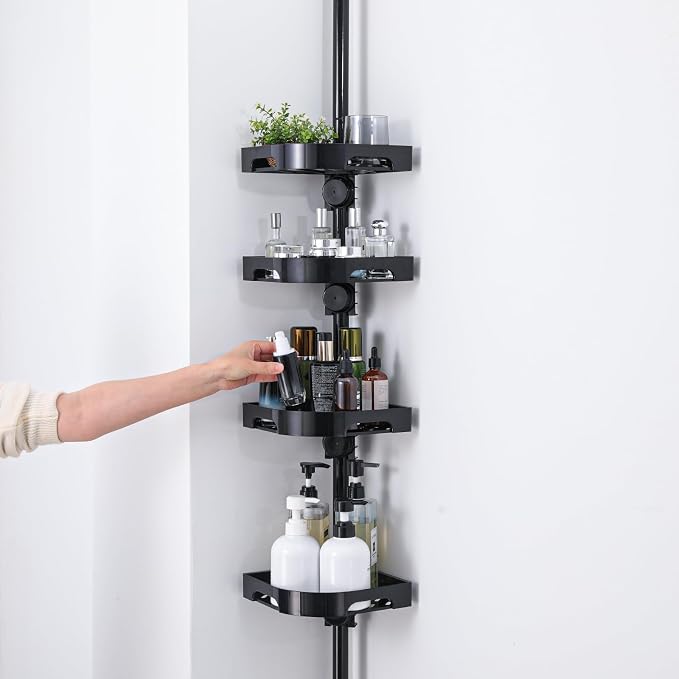 akinbas Tension Pole Shower Caddy Organizer with 4 Tier L-Shaped Rust Resistant Bathroom Corner Shelves with 34-124 Inch Adjustable No Drilling Quick Install Shower Rack for Bath Essentials (Black)