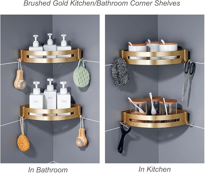 Brushed Gold Color 2 Packed Bathroom Shelves Shower Corner Caddy Organizer Shampoo Holder,Adhesive or Drilling