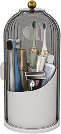 Toothbrush and Toothpaste Holders with Cover, Grey White | Waterproof and Dustproof, 360° Rotating Base, Smooth Sliding Door, 3 Slots, for Bathroom Countertop