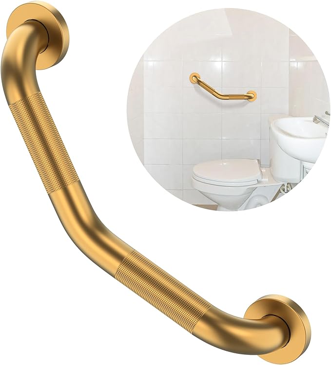 16 Inch Angled Grab Bar, ZUEXT Anti Slip Shower Grab Bar Handles, Brushed Gold Stainless Steel Knurled Bathroom Balance Bar, Safety Hand Rail Support for Handicap Elderly Injury Senior