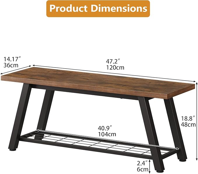 Oastreeful Storage Bench Industrial Rustic Wooden and Metal Entryway Shoe Boots Storage Rack Long Bench Seat for Hallway Bedroom Retro Brown Farmhouse Style