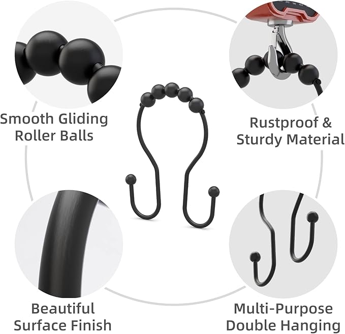 Bathway Shower Curtain Hooks Shower Curtain Rings Black Shower Curtain Hooks RustProof Smooth Metal Double Shower Curtain Hook, Shower Hooks for Shower Curtain Liner Bathroom Shower Rod Hook