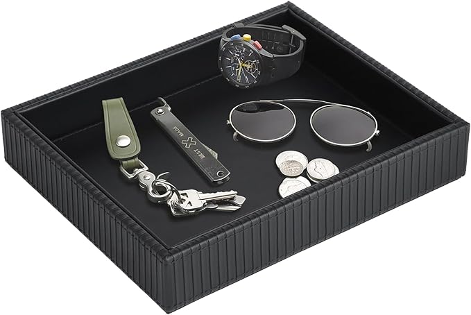 HofferRuffer Faux Leather Vanity Tray, Elegant Desktop Storage Organizer, Decorative Catchall for Perfume, Bathroom Valet, Nightstand or Dresser, 10.2 x 8.4 x 1.8 inches (Black Stripe)
