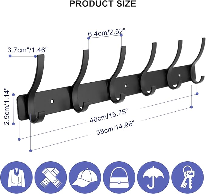 Coat Rack Wall Mounted,6 Coat Hooks for Hanging Coats,Metal Double Hook Rack Hook Rail,Coat Rack with Hooks,Wall Mount Coat Hanger for Hat Towel Purse Robes (2 Pack Black, 6 Hooks)