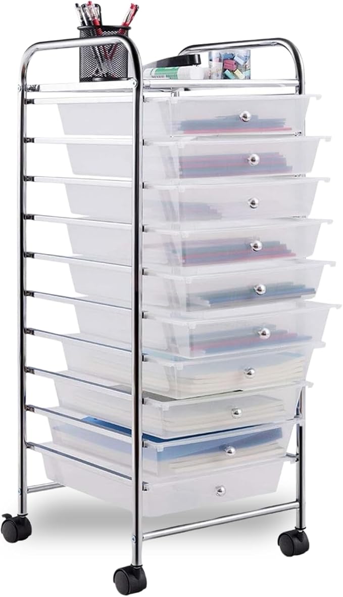 10-Drawer Rolling Storage Cart, Trolley w/Lockable 360° Wheels, 10 Removable PP Drawers, Sturdy Metal Frame, Rolling Utility Cart Perfect for Home, Office, Classroom (Clear)