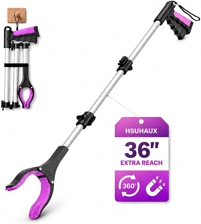 36" Grabber Reacher Tool, Reacher Grabber Pickup Tool with 4" Wide Anti-Slip Jaw, Rotating Head and Magnetic Tip, Grabbers for Seniors, Post-Surgery Use Heavy Duty, Purple Pink
