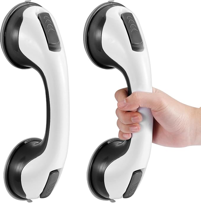 KVANT Grab Bars for Shower, 12 Inch Shower Handle Strong Suction Shower Grab Bar for Shower Chair Stool, Bathtub Rails for Seniors, Elderly, Handicap (2 Pack) - Black