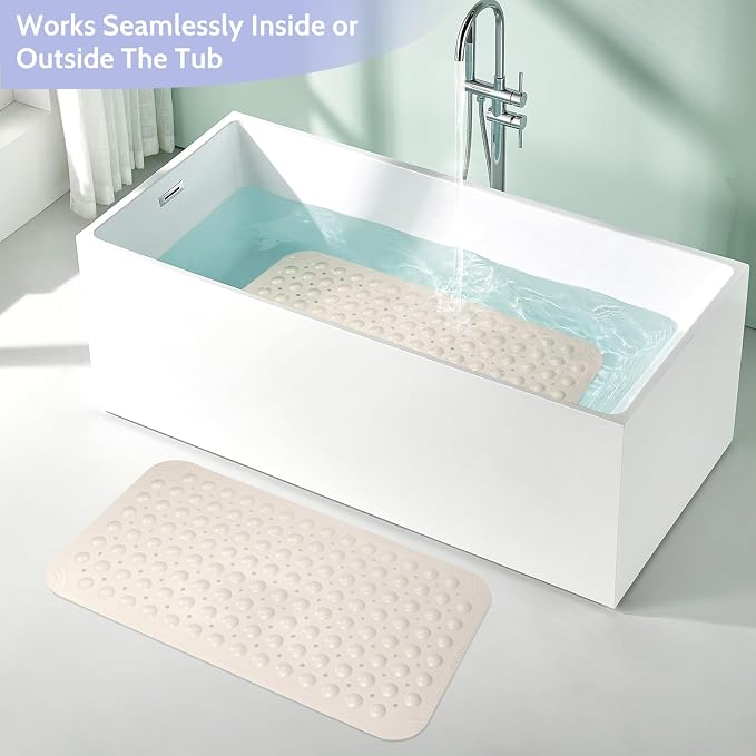 Non Slip Shower Mats for Inside Shower 15 x 27.5 Inch, TPE Bathtub Mat Non-Slip, Bath Mat for Tub with Suction Cups, Drain Holes Bath Tub Mat for Bathroom (Beige)