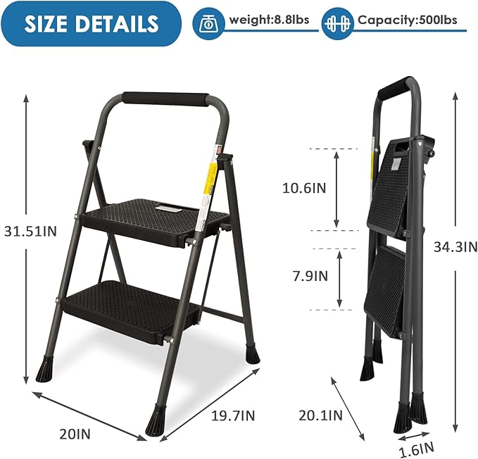 GOLYTON Folding 2-Step Ladder with Anti-Slip Platform and Handrail, Heavy Duty Steel, 500 lbs Capacity, Compact Portable Step Stool for Home, Kitchen & Office Use, Grey