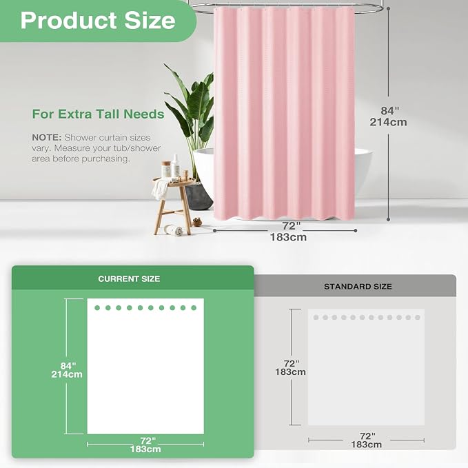 Dynamene Extra Long Shower Curtain - 84 Inch Long Waffle Weave Heavy Duty Fabric Bathroom Shower Curtain, Neutral Weighted Hotel Thick Bath Curtain Set with 12 Plastic Hooks,72x84, Pink