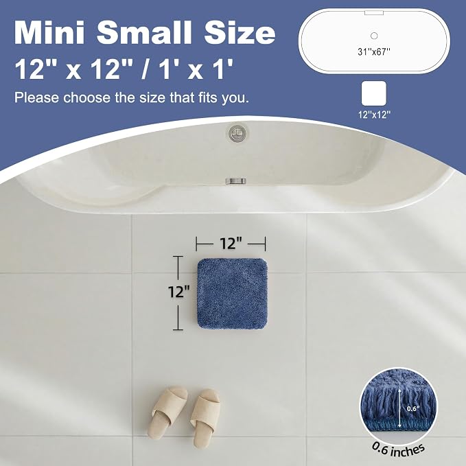 TYUU Small Bath Mat, Ultra Soft Bathroom Rugs Non Slip Washable, Super Absorbent Quick Dry Bath Rug with Rubber Backing for Bathroom Floor, Shower, or Sink, Denim Blue 12" x 12"