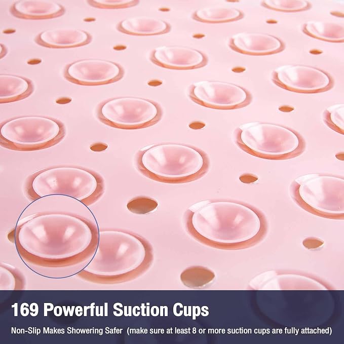 Pink Square Shower Bathtub Mat Non Slip 21x21 Inch, Soft Bath Mat for Inside Shower Tub, Shower Stall Mats for Bathroom Floor with Big Suction Cups Drain Holes, Easy Washable Dry, BPA-Free