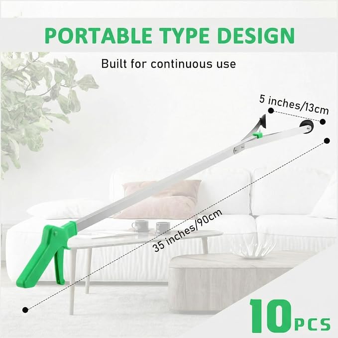 10 Pack Suction Cup Reacher Grabber Heavy Duty Trash Picker Grabber Tool, Long Handy Aids Nonslip Claw Reach Tool for Elderly Pick up Stick Arm Extension Litter Picker (33 Inch,Green)