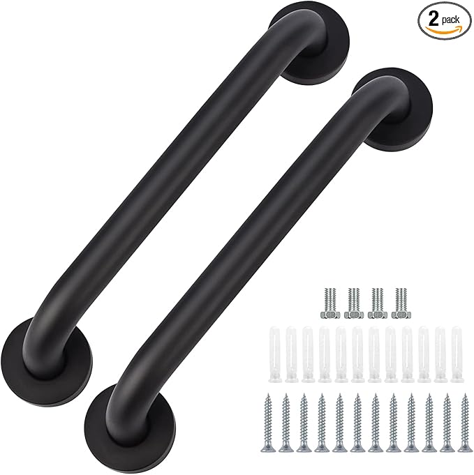 2 Pack Bathroom Grab Bar, supregear 12 Inch Length Black Shower Safety Grab Bar, 1 Inch Diameter 201 Stainless Steel Anti-Slip Handle for Senior, Elderly, Handicap