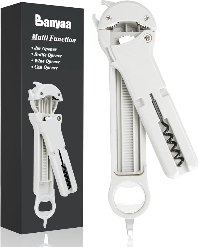 Jar Opener for Seniors with Arthritis, 7 in 1 Bottle Opener and Wine Corkscrew, Easy Grip Kitchen Gadget for Weak Hands Elderly, Retractable Jaw Lid Opener with Magnetic Storage (White)