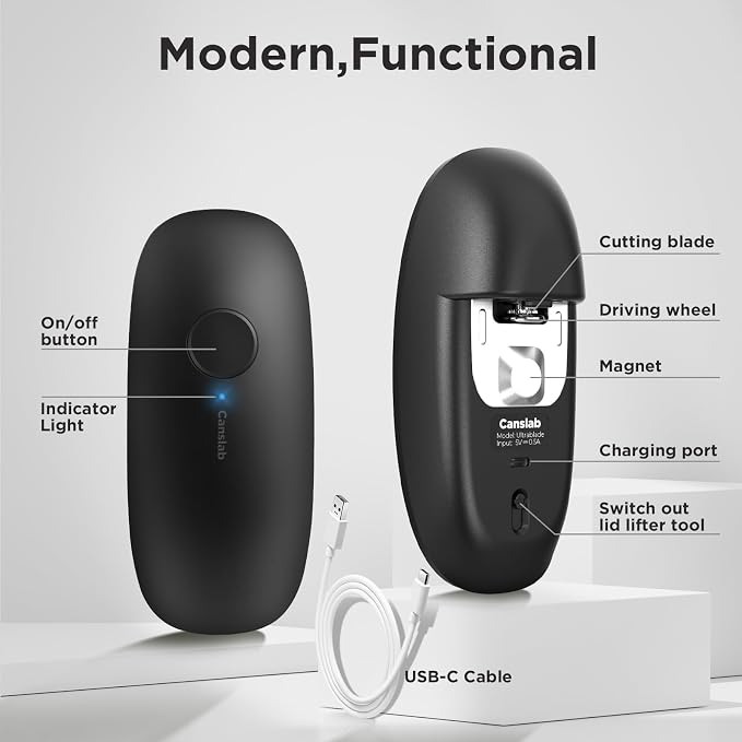 Canslab Ultrablade PRO Auto Stop USB Rechargeable Can Opener for Kitchen for Seniors with Arthritis, Long Battery Life, Handfree One Touch, Side Cut for Smooth Edge, Wall Mounted Small Size, White