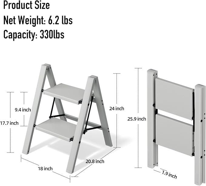 Mayi Plus 2 Step Ladder,Aluminum Folding Step Stool for Adults,Step Ladder with Wide Anti-Slip Pedal,330 lbs Capacity for Home,Office,Kitchen,Library(Grey)