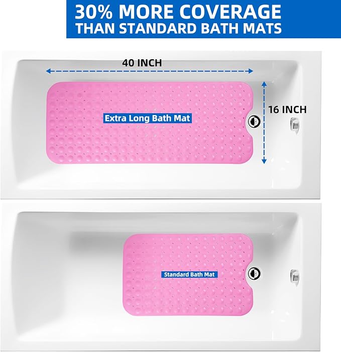 ZHICHENG Bath Tub and Shower Mats, Non-Slip 39 x 16 Inch Extra Long Bath Mat, Machine Washable Bathtub Mat with Drain Holes, Suction Cups for Bathroom (Pink)