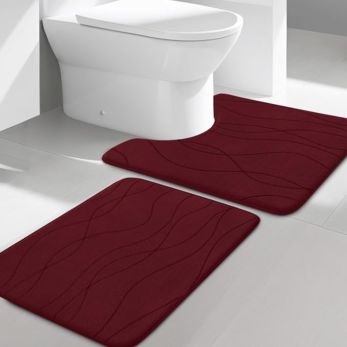 YIHOUSE Memory Foam Bathroom Rug Sets, Red, 2 Piece-U Shape & Small Mat | Ultra Soft, Absorbent, Non-Slip, Machine Washable