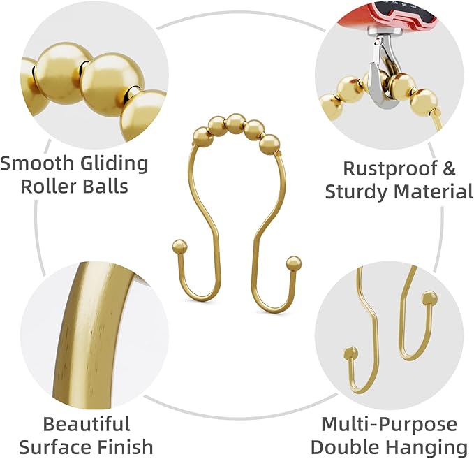Bathway Gold Shower Curtain Hooks, Shower Curtain Hook Shower Curtain Rings Rust Proof Smooth Double Shower Curtain Hooks, Shower Hooks for Shower Curtain Bathroom Shower Rod Hook 12 Pcs