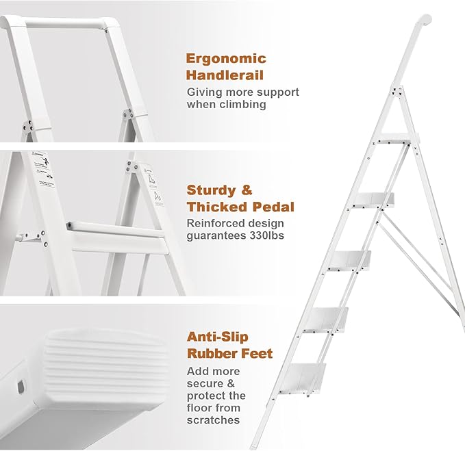 HBTower 5 Step Ladder, Aluminum Ladder with Handrails, Folding Step Stool for Adults, 330LBS Capacity Sturdy& Portable Ladder for Home Kitchen Library Office, White