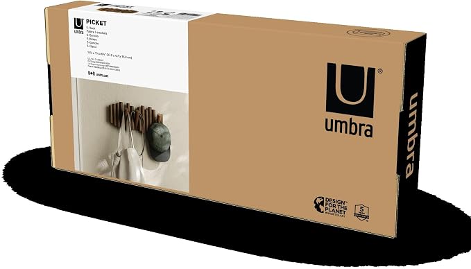 Umbra Picket Wall-Mounted Coat Rack Rail Hook with 5 Retractable Wood Pegs – Modern, Space-Saving Storage Organizer, Walnut