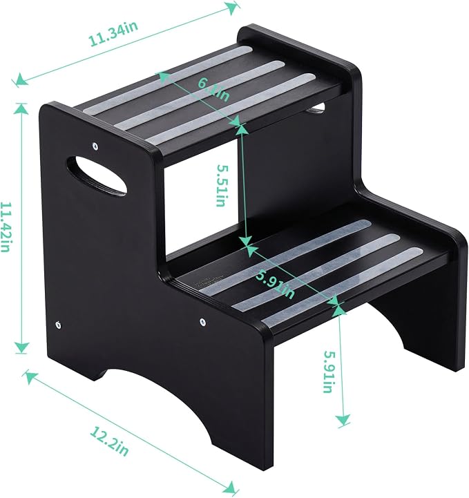 Wooden Toddler Step Stool for Kids, Two Step Stool with Non-Slip Pads & Handles, Potty Training Stool for Bathroom Sink, Toilet, Kitchen, Bedroom (Black)