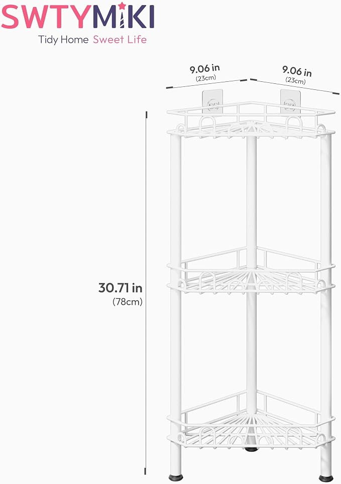 SWTYMIKI Standing Shower Caddy Corner - 3‑Tier Stainless Steel Shower Organizer Shelf with 12 Hooks and Adhesive Pads, Rustproof Corner Shelves Stand Rack for Bathroom Shower Room, white