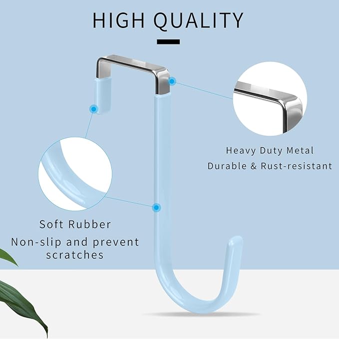 FYY Over the Door Hooks, 4 Pack Door Hangers Hooks with Rubber Prevent Scratches Heavy Duty Organizer Hooks for Living Room, Bathroom, Bedroom, Kitchen Hanging Clothes Towels Hats Coats Bags Cyan