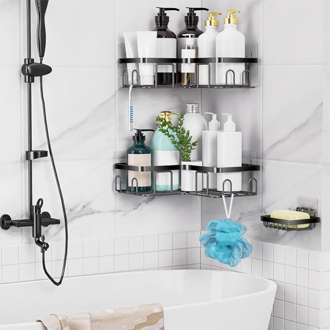 Moforoco Corner Shower Caddy Shelf Organizer Rack, Self Adhesive Black Bathroom Shelves Basket, Home Wall Shower Inside Organization and Storage Decor RV Accessories, First Apartment Essentials