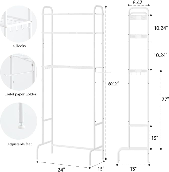 STDDRE 3-Tier Over The Toilet Storage Space Saver with Paper Holder Freestanding Rack Metal Bathroom Shelves with Hooks Above The Toilet Storage Shelf (White, 3 Tier)