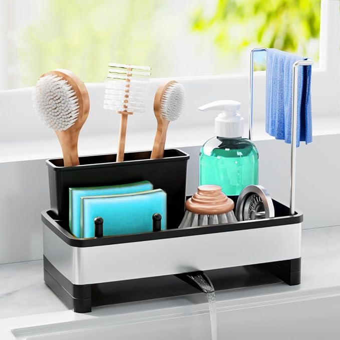 Kitchen Sink Caddy Organzier with High Brush Holder - Sponge Holder for Kitchen Sink with Towel Racks - Rustproof 304 Stainless Steel Kitchen Countertop Storage Essentials