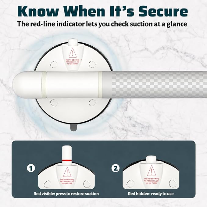 Suction Grab Bars for Showers and Bathtubs, Visible Red-Line Suction Indicator, Vacuum Pump Lock, Supports Up to 264 lbs, Non-Slip Grip, No-Drill & Removable, Ideal for Seniors, 14.37''/2-Pack