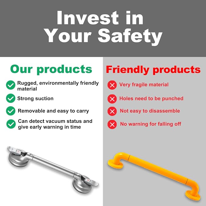 Heavy Duty Suction Shower Grab Bar - Toilet Bathroom Bathtub Safety - Shower Handles, Suction Cup Power Up to 250 LB, Perfect for Elderly Seniors(18.5 Inch, Gray Silver) ver