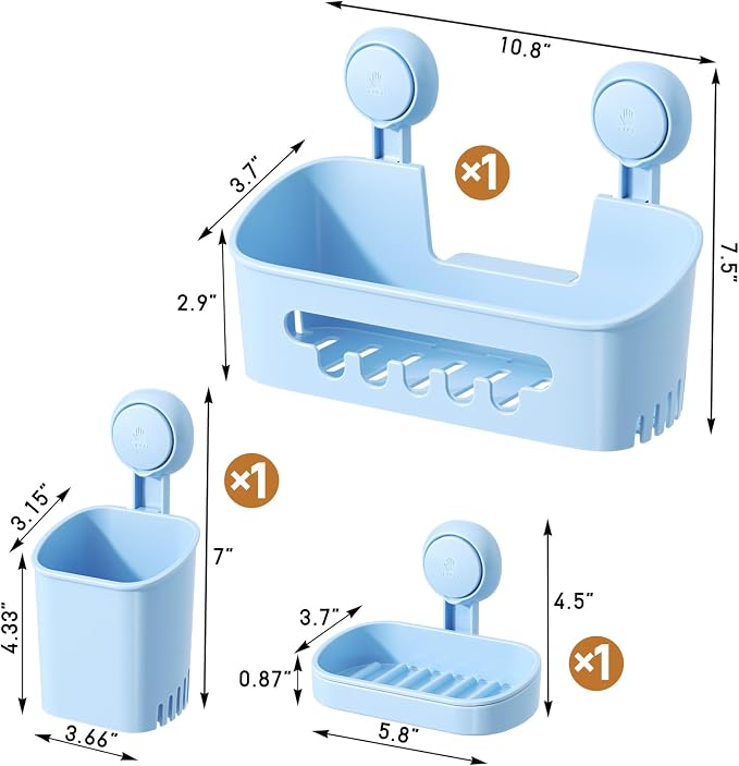 LEVERLOC Shower Caddy Suction Cup Set Shower Organizer & Soap Holder & Toothbrush Holder, Bathroom Shelf Basket NO-Drilling, Removable Suction Storage Waterproof Bathroom Holder, Blue