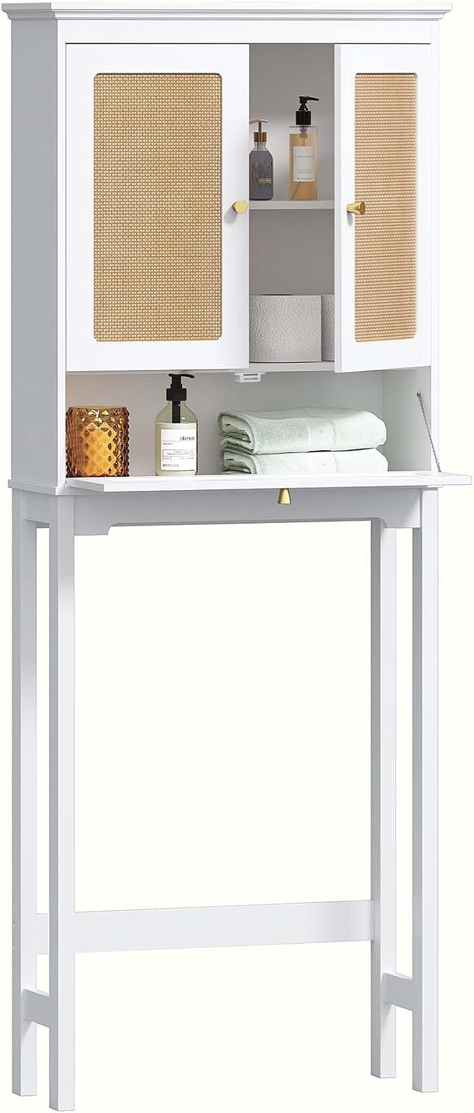 Spirich Over The Toilet Storage Cabinet with Rattan Doors, Over Toilet Bathroom Organizer with Tilt-Out Cube and Adjustable Shelf