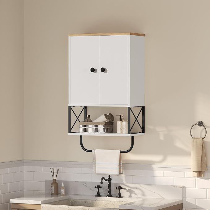 MAHANCRIS Bathroom Wall Cabinet with 2 Door and Adjustable Shelf, Medicine Cabinet with Towel Rack, 3-Tier Wall Mounted Storage Cabinet Over The Toilet for Bathroom Laundry Room, White and Natural