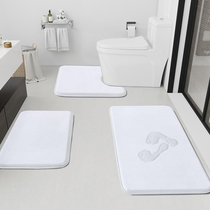 HUXMEYSON Bathroom Rugs Sets 3 Piece, Non-Slip & Quick Dry Bath Mat Set, Ultra Soft Velvet Bath Rugs for Bathroom, Toilet and Shower Floor, White