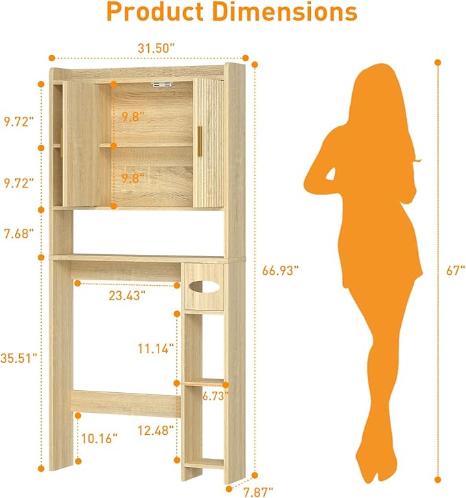 knoworld Fluted Over The Toilet Storage Cabinet, Above Toilet Bathroom Organizer with Toilet Paper Holder, Modern Behind Toilet Cabinet, Space Saver for Restroom, Bathroom, Laundry, Natural Oak
