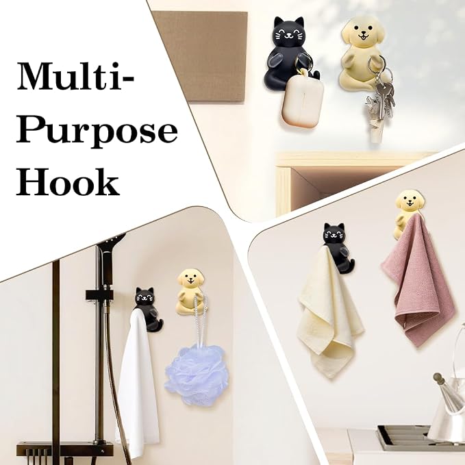 Cute Cat and Dog Waterproof Self-Adhesive Shower Hook Set, Black Cat and Yellow Dog Razor Holder Bathroom Accessories for Men Women Animal Lover, Animal Lover Bathroom Decor Gifts for Women Men