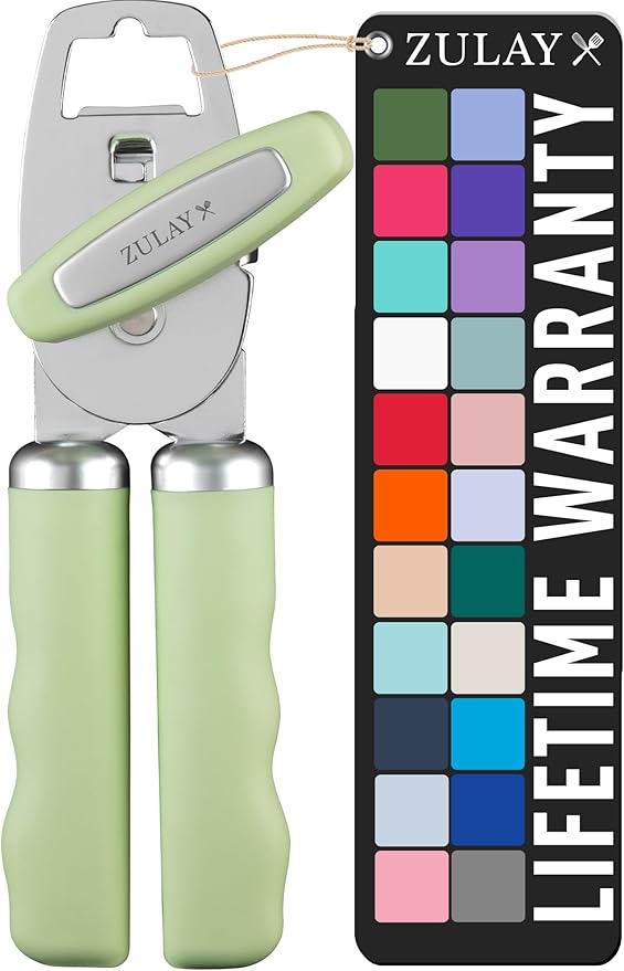 Zulay Kitchen Heavy Duty Stainless Steel Can Opener Manual with Bottle Opener - Rust Proof Manual Can Opener With Turn Knob & Comfy Soft Grip Handles - Pistachio