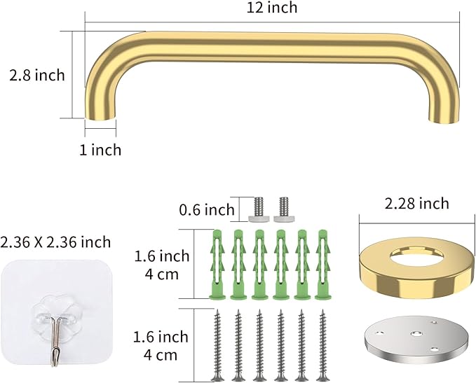 12 Inch Stainless Steel Shower Grab Bar, ZUEXT Gold Shower Handle, Bathroom Balance Bar, Safety Hand Rail Support Bar for Handicap Elderly Injury, Senior Assist Bath Tub Wall Concealed Mount Handle